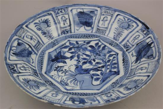 A Chinese Kraak blue and white dish, c.1640, 30.5cm, slight damage